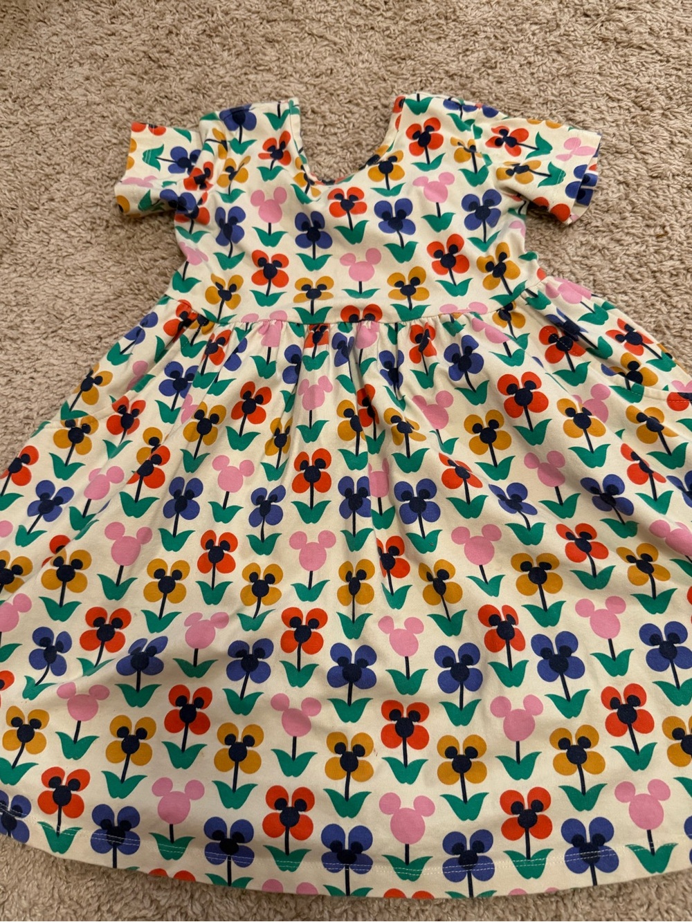 Hanna Andersson Disney Cream Dress with Multicolor Floral Mickey Print